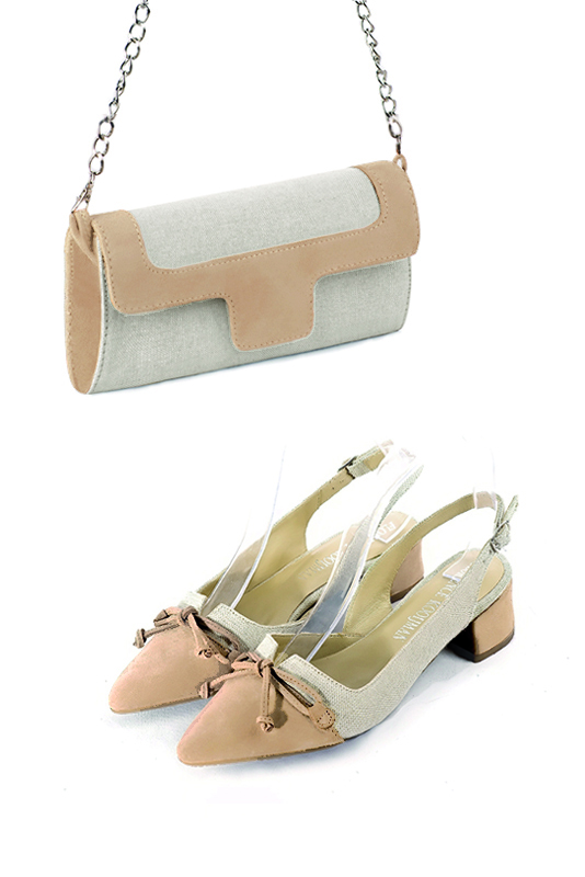 Women's natural beige and biscuit beige luxurious elegant clutch for ceremonies, weddings and evenings out. - Worn view